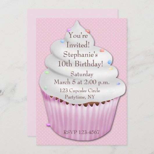 Invitation à l'anniversaire du Cupcake rose (Devant / Derrière)