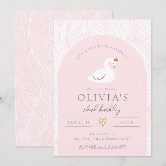 Invitation à l'anniversaire du cygne | Invitations (Devant / Derrière)