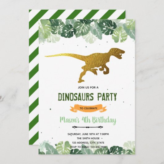 Invitation à l'anniversaire du dinosaure t-rex d'o (Devant / Derrière)