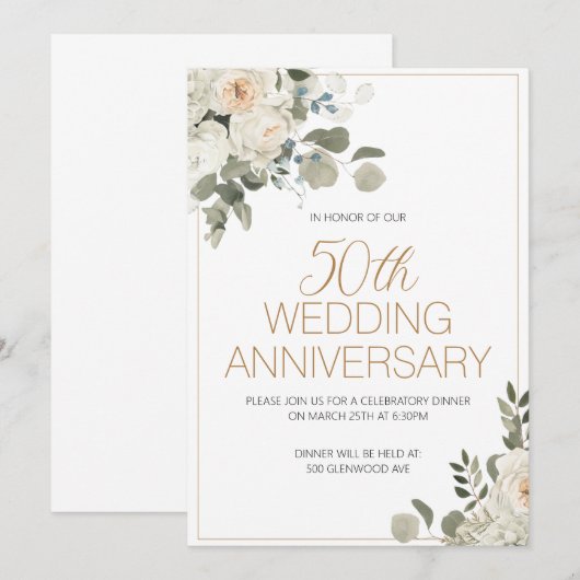 Invitation à l'anniversaire du Mariage Floral blan (Devant / Derrière)