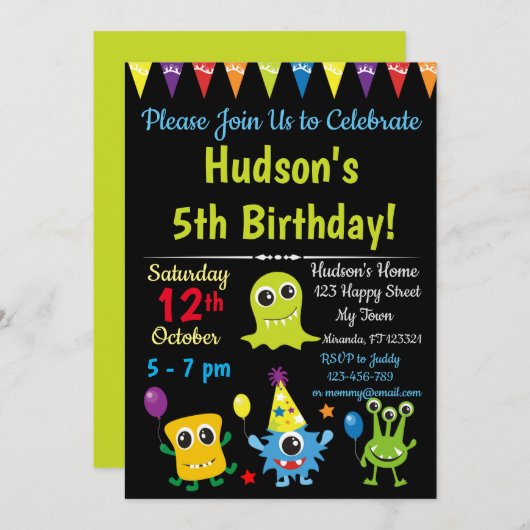 Invitation à l'anniversaire du mignon Monster (Devant / Derrière)