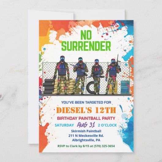 Invitation à l'anniversaire du Paintball (Devant)