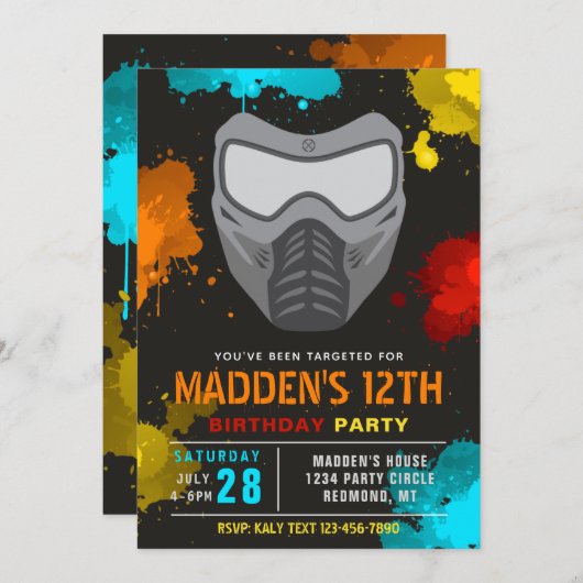 Invitation à l'anniversaire du Paintball | Paintba (Devant / Derrière)