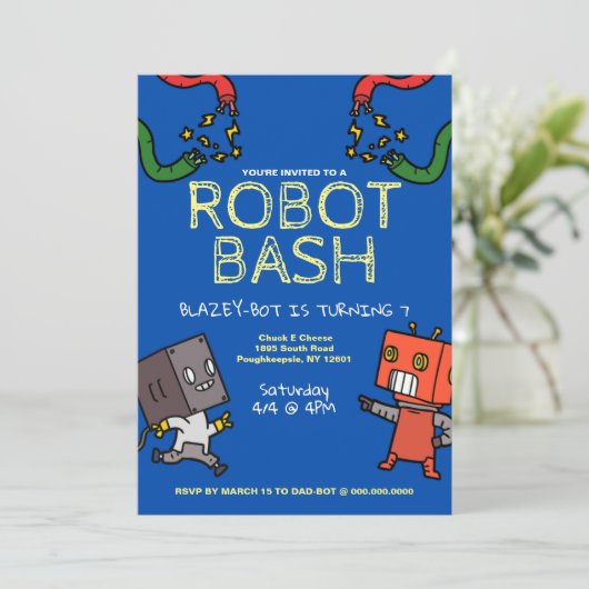 Invitation à l'anniversaire du robot Bash (Debout devant)