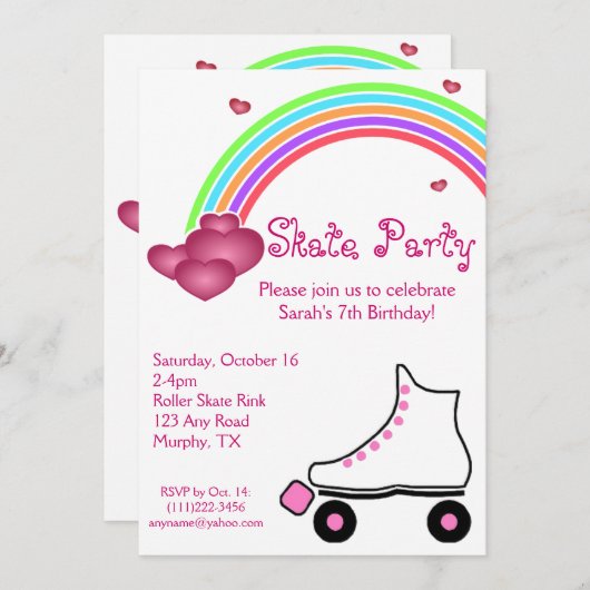 Invitation à l'anniversaire du roller arc-en-ciel (Devant / Derrière)