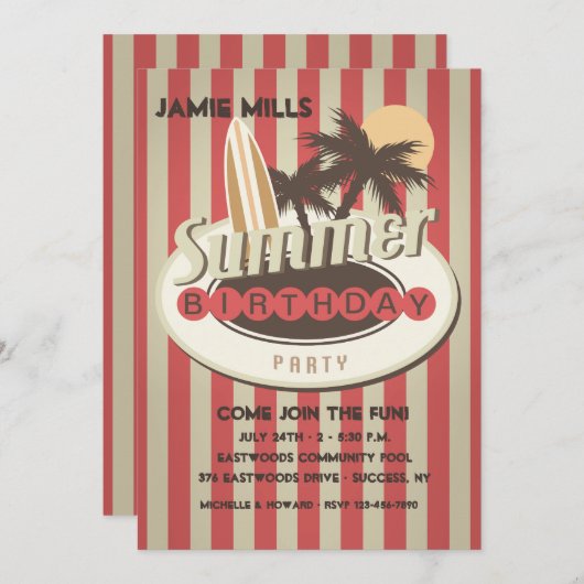 Invitation à l'anniversaire du surfeur (Devant / Derrière)