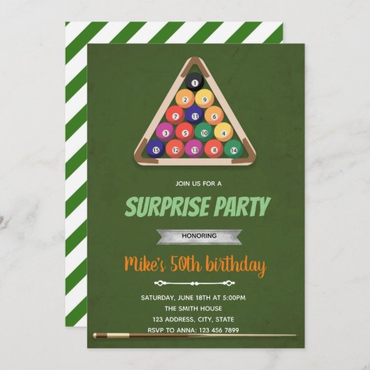Invitation à l'anniversaire du thème Snooker (Devant / Derrière)