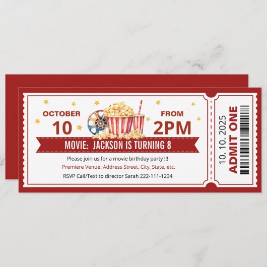 Invitation à l'anniversaire du ticket de cinéma (Devant / Derrière)