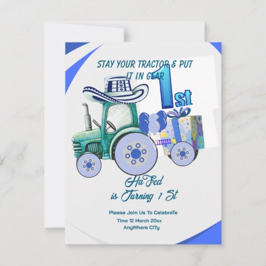 Invitation à l'anniversaire du tracteur modifiable (Devant)
