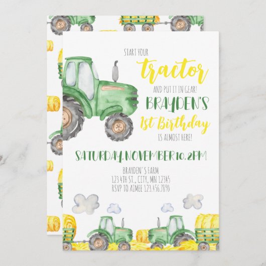 Invitation à l'anniversaire du tracteur vert (Devant / Derrière)