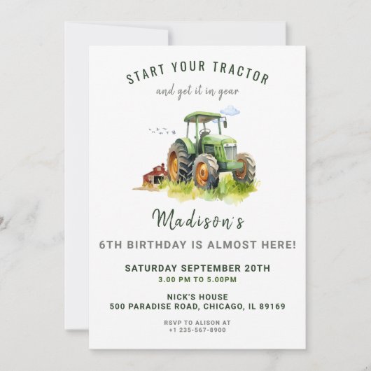 Invitation à l'anniversaire du tracteur vert modif (Devant)