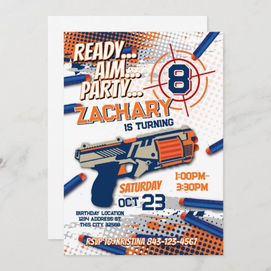 Invitation à l'anniversaire d'un fusil Dart (Devant / Derrière)