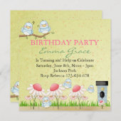 Invitation à l'anniversaire d'un oiseau jaune/bleu (Devant / Derrière)