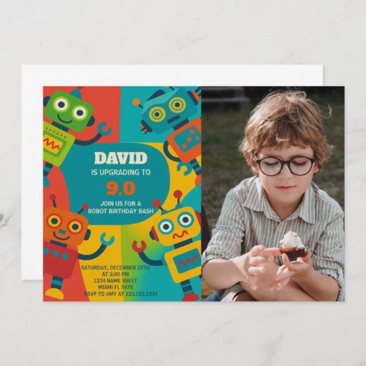 Invitation à l'anniversaire d'un robot avec photo (Devant / Derrière)