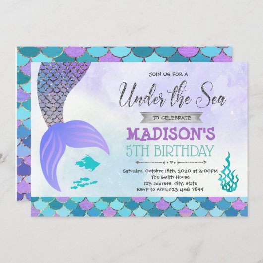 Invitation à l'anniversaire d'une sirène d'argent  (Devant / Derrière)