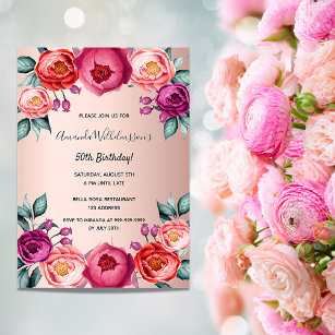 Invitation à l'anniversaire fleurie rose pourpre