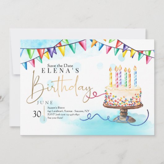 Invitation à l'anniversaire Gâteau et bannières (Devant)