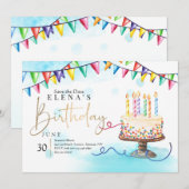 Invitation à l'anniversaire Gâteau et bannières (Devant / Derrière)