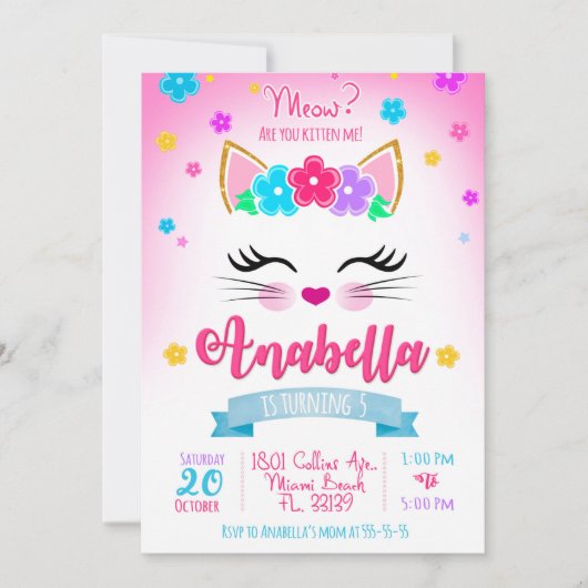 Invitation à l'anniversaire Kitty, fête Kitten (Devant)