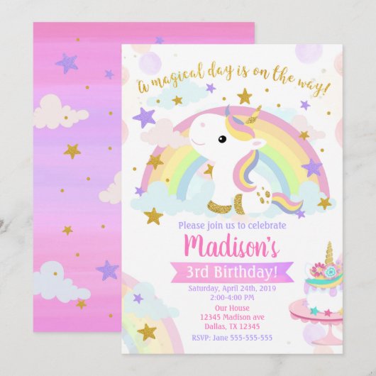 Invitation à l'anniversaire magique de Unicorn (Devant / Derrière)