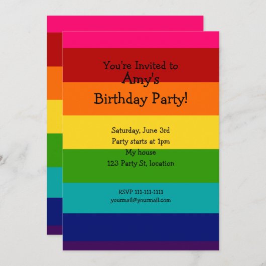 Invitation à l'anniversaire Rainbow (Devant / Derrière)