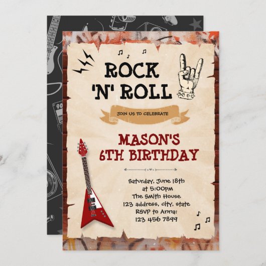 Invitation à l'anniversaire Rock and roll (Devant / Derrière)
