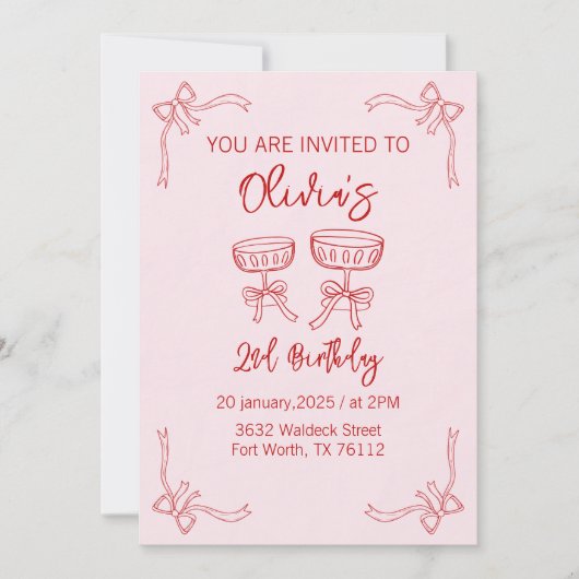 Invitation à l'anniversaire rouge et rose 2e pour (Devant)