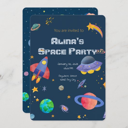 invitation à l'anniversaire sur le thème spatial (Devant / Derrière)