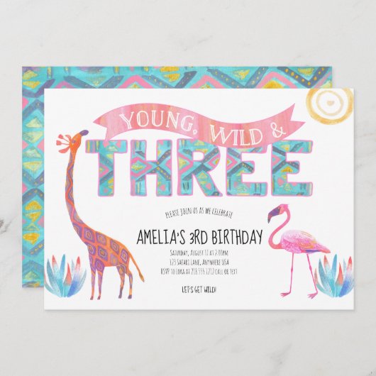 Invitation à l'anniversaire Young, Wild et Three (Devant / Derrière)