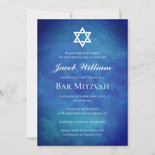 Invitation à l'aquarelle bleu de bar juif Mitzvah (Devant)