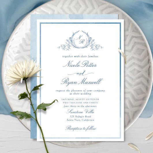 Invitation à l'aquarelle bleue du monogramme