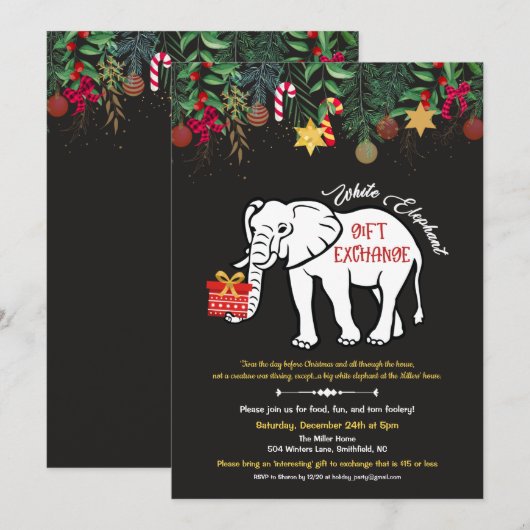 Invitation à l'échange de cadeaux éléphant blanc (Devant / Derrière)
