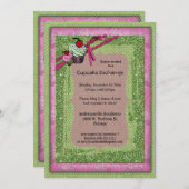 Invitation À L'Échange De Cupcake Vert Et Rose Par (Devant / Derrière)