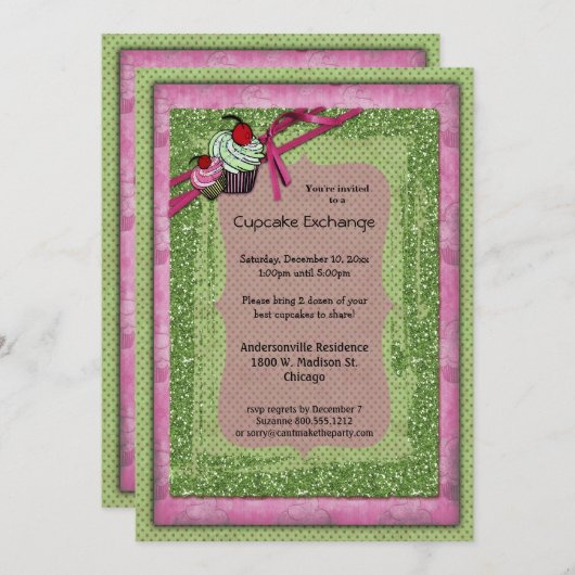 Invitation À L'Échange De Cupcake Vert Et Rose Par (Devant / Derrière)