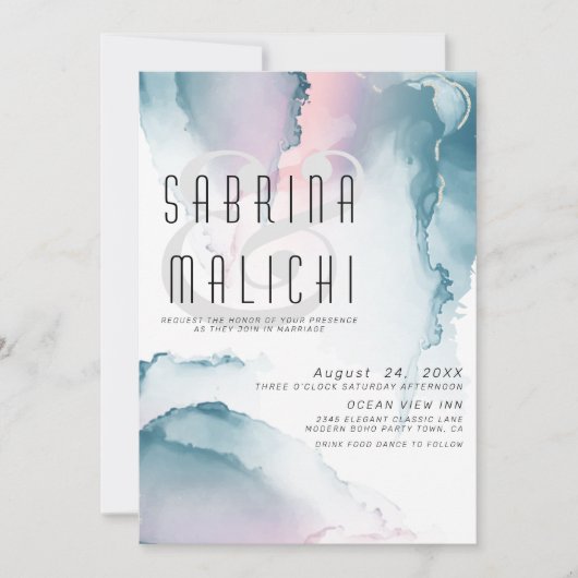 Invitation à l'encre liquide moderne turquoise et (Devant)