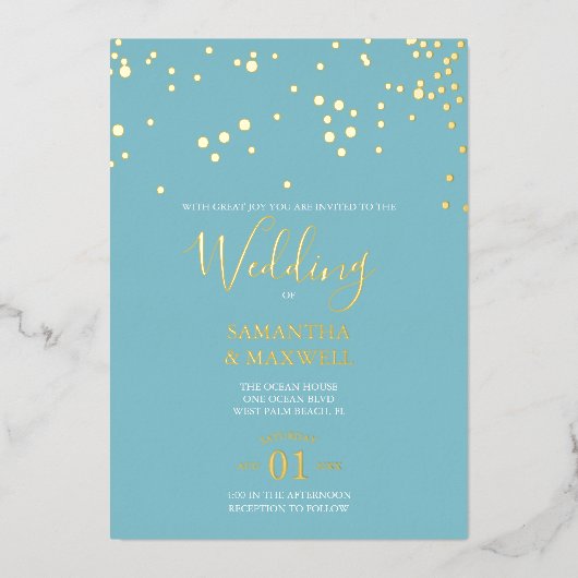 Invitation à l'huile de Mariage bleu et or côtier (Recto)