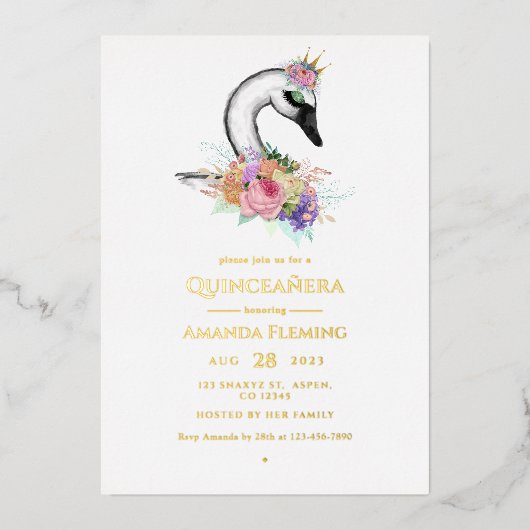 Invitation à l'huile de quinceañera en cygne noir (Recto)