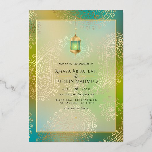 Invitation à l'huile turquoise et à l'huile d'or M (Recto)