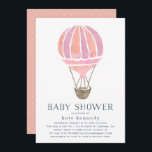 Invitation À l'invitation du Baby shower aérien | Rose<br><div class="desc">Célébrez votre petite fille sur le chemin avec cette invitation chic et simple baby shower dans des aquarelles pastel douces. Design présente une illustration de ballon à air chaud en pêche et rose,  avec les détails de votre événement sous en lettres gris bleu fumé.</div>