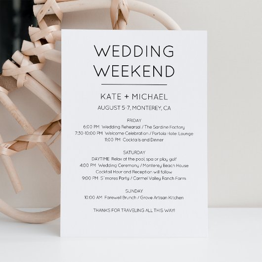 Invitation à l'itinéraire d'un week-end de mariage