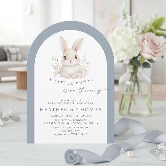 Invitation A Little Bunny Elegant Dusty Blue Arch Baby Shower