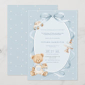 Invitation A Little Gentleman Blue Boy Bear Baby  (Devant / Derrière)