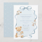 Invitation A Little Gentleman Blue Boy Bear Baby  (Devant / Derrière)