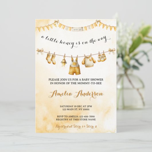 Invitation A little Honey On The Way Clothesline Baby Shower (Debout devant)
