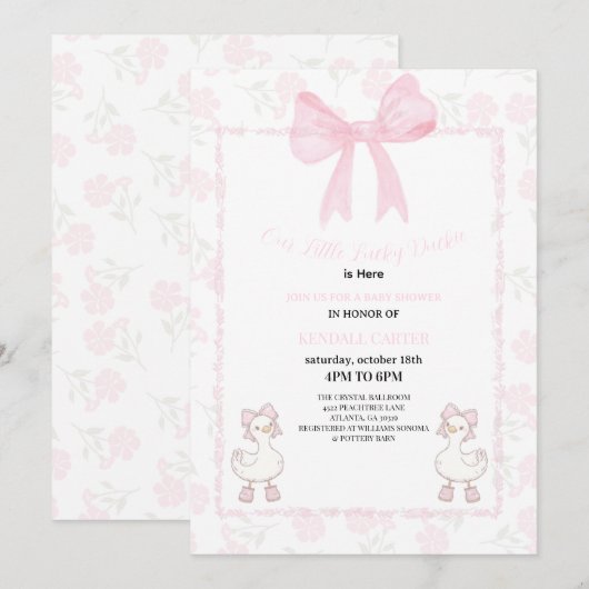 Invitation A Little Lucky Duckie Pink Bow Floral Baby Shower (Devant / Derrière)