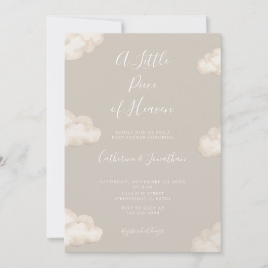 Invitation A Little Piece Of Heaven Beige Clouds Baby Shower (Devant)