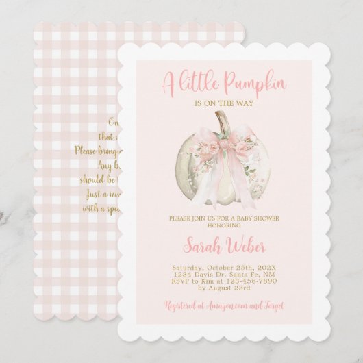 Invitation A little pumpkin gingham fall baby shower girl (Devant / Derrière)