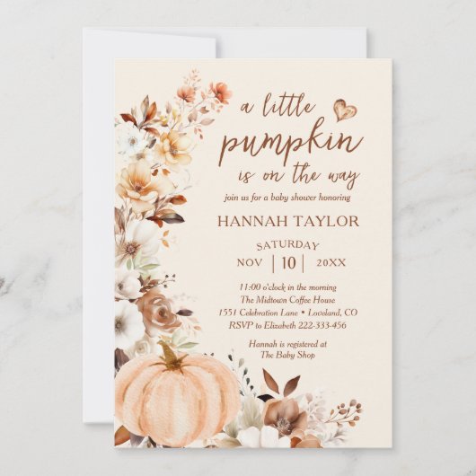Invitation A Little Pumpkin QR Code Fall Floral Baby Shower (Devant)