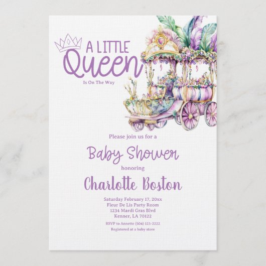 Invitation A Little Queen Mardi Gras Float Baby Shower (Devant)