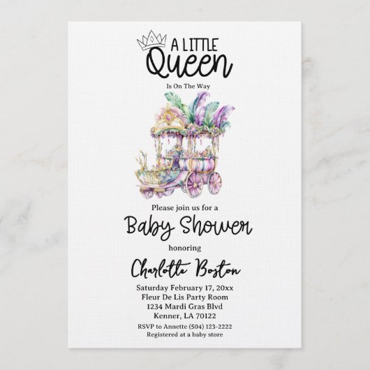 Invitation A Little Queen Mardi Gras Float Baby Shower (Devant)